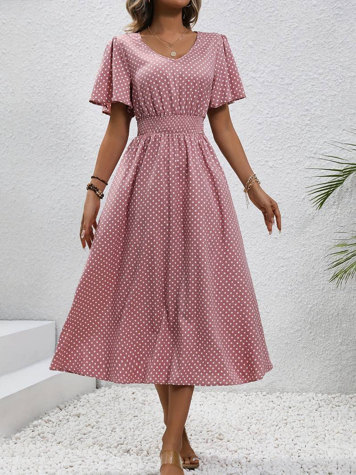 Abito midi da donna con pois e coulisse – Abito estivo arioso con scollo a V e maniche corte