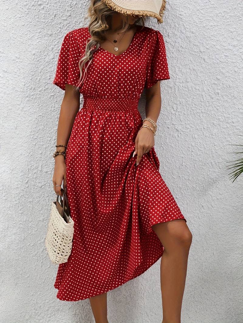 Abito midi da donna con pois e coulisse – Abito estivo arioso con scollo a V e maniche corte