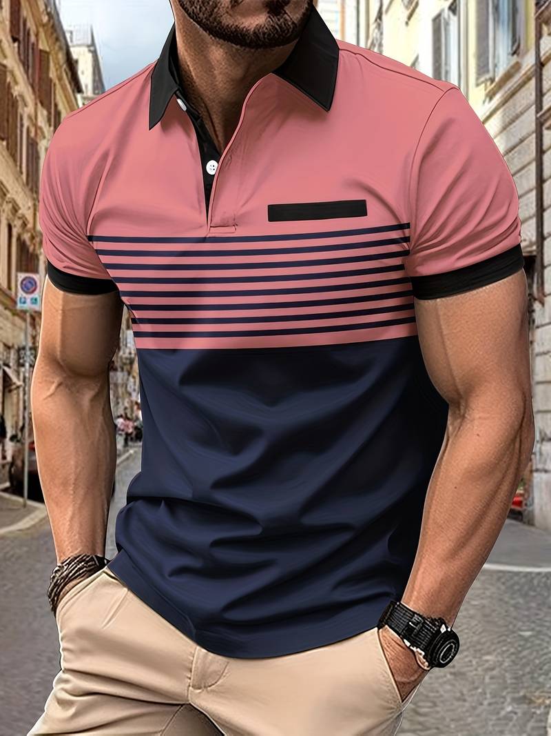 Polo homme à rayures – Chemise à manches courtes avec patte de boutonnage et col contrasté