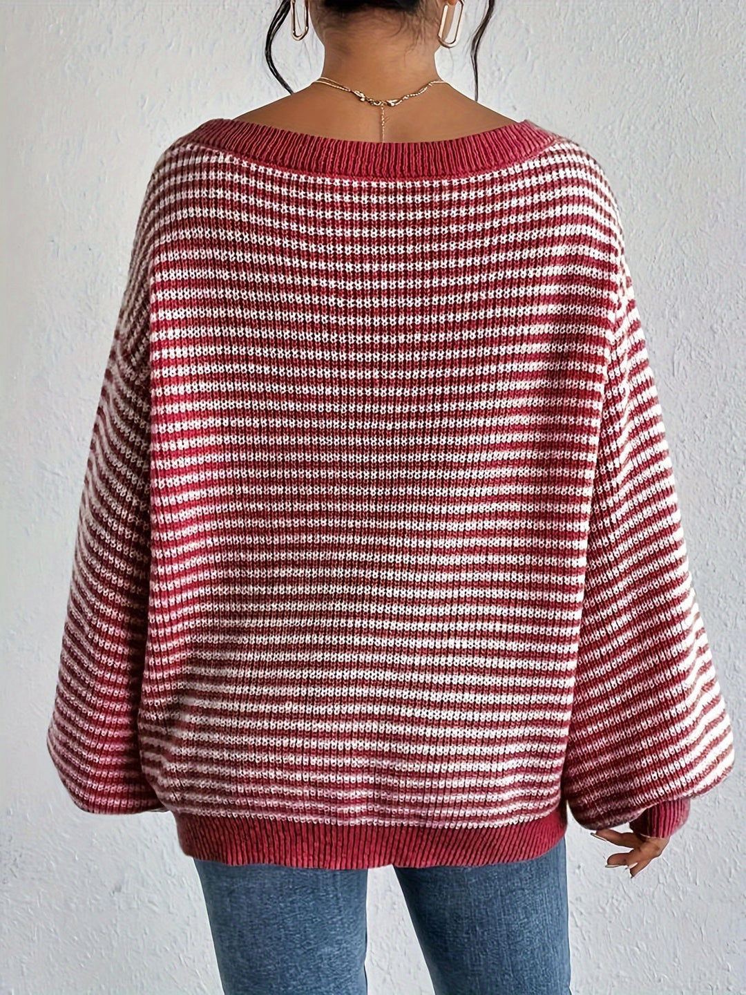 Vintage Schulterfreier Baumwollpullover mit Streifen, elastischem Stoff und Rundhalsausschnitt Pullover Damen | Ideal für Frühling