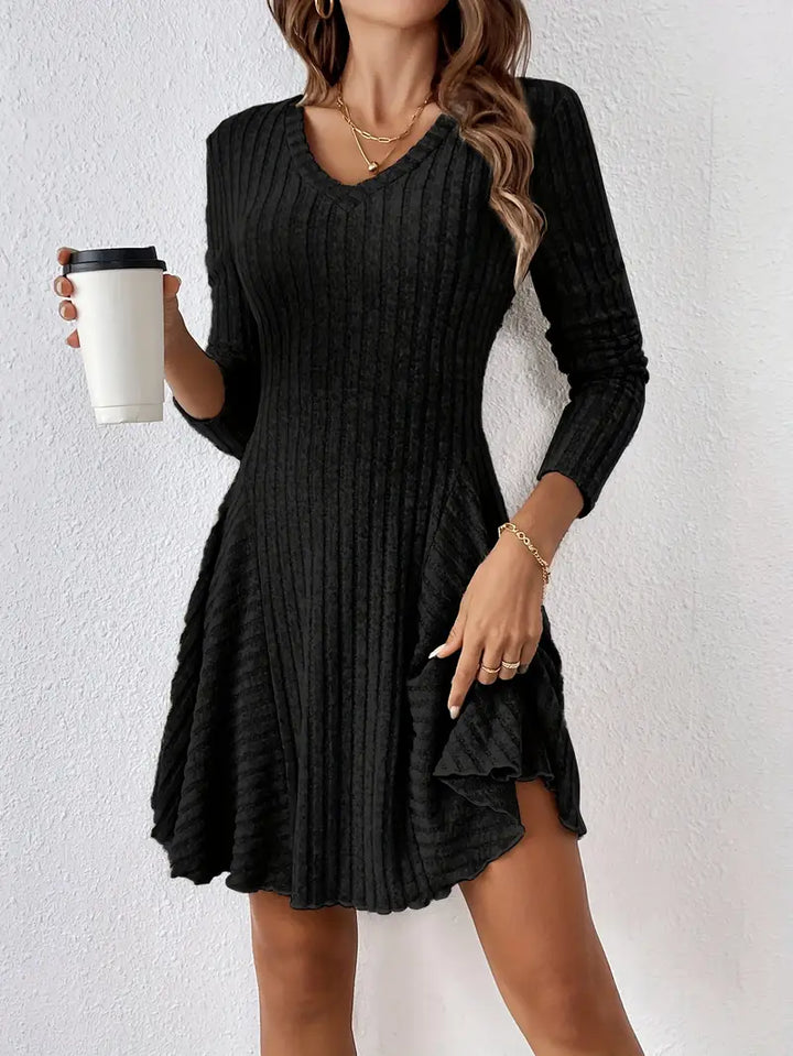 Vestito a maglia a coste con scollo a V – Minivestito a maniche lunghe per autunno, inverno e look casual confortevoli