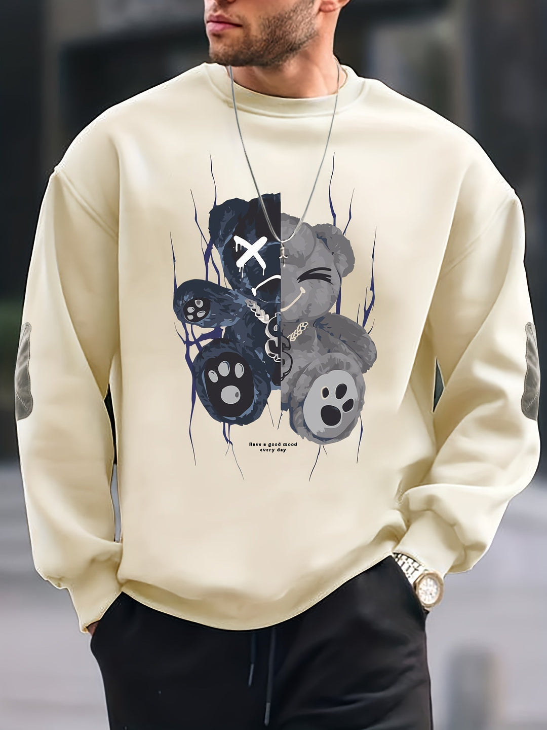 Oversize Sweatshirt mit Bärenmotiv – Streetwear Pullover für Herren mit Print “Have a Good Mood Every Day”