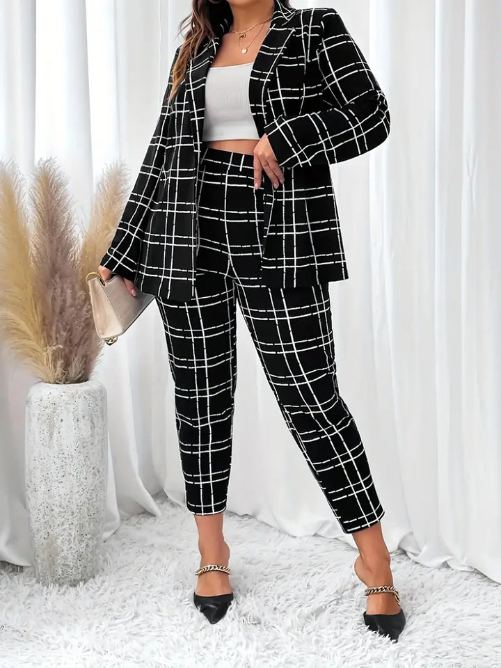 Ensemble blazer à carreaux chic Veste blazer à revers & pantalon fuselé