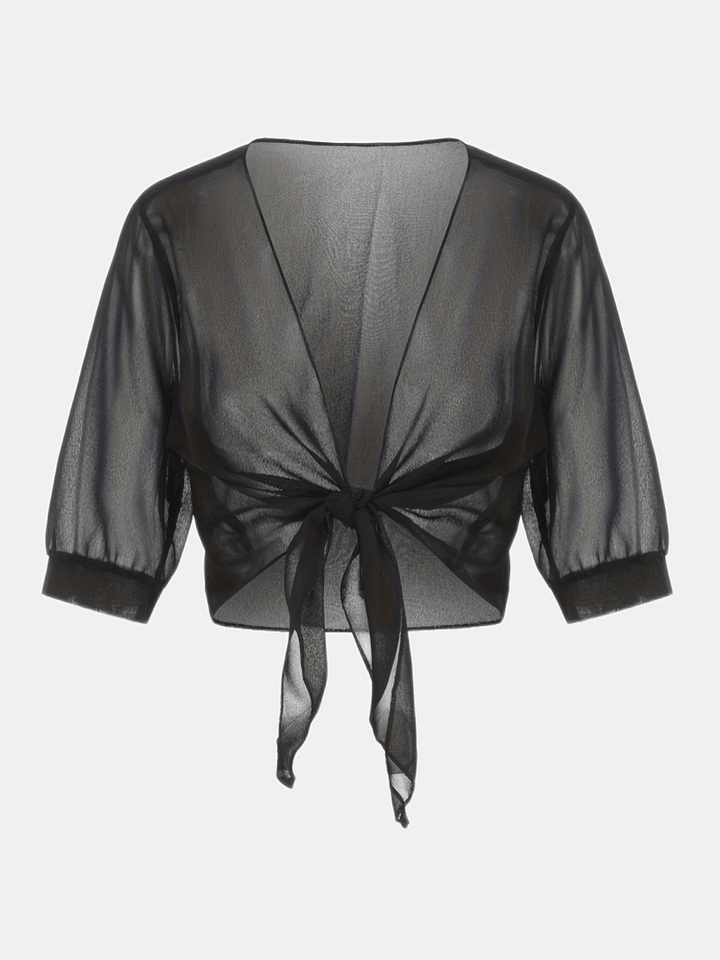 Bolero in chiffon da donna con nodo a fiocco – giacca corta trasparente per abiti da sera e outfit estivi