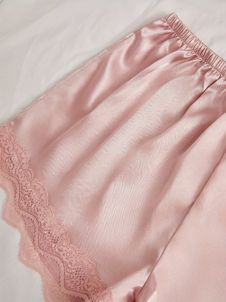 Elegantes Satin 4-teiliges Pyjama-Set Mit Spitzenbesatz Für Damen | Perfekt für jeden Tag