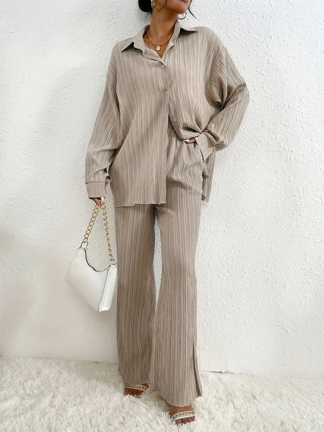 T-shirt à manches longues avec boutons & pantalons à taille élastique ensemble tenue pour femmes | Idéal pour automne/hiver