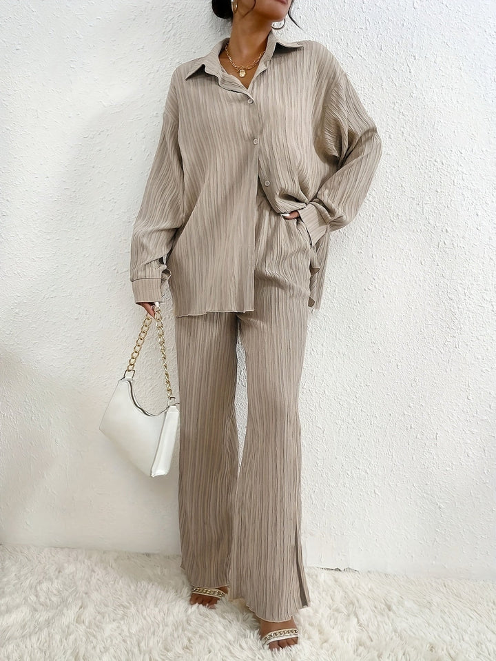 T-shirt à manches longues avec boutons & pantalons à taille élastique ensemble tenue pour femmes | Idéal pour automne/hiver