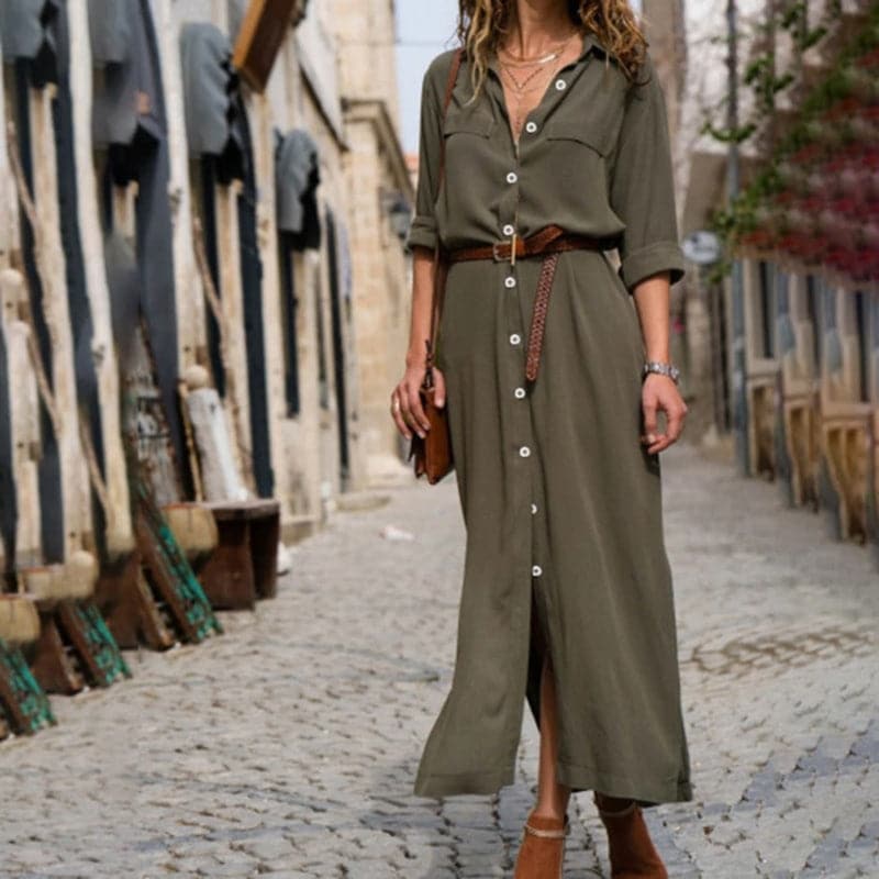 Vestito Camicia Midi Elegante – Fascino Rustico con Cintura in Vita