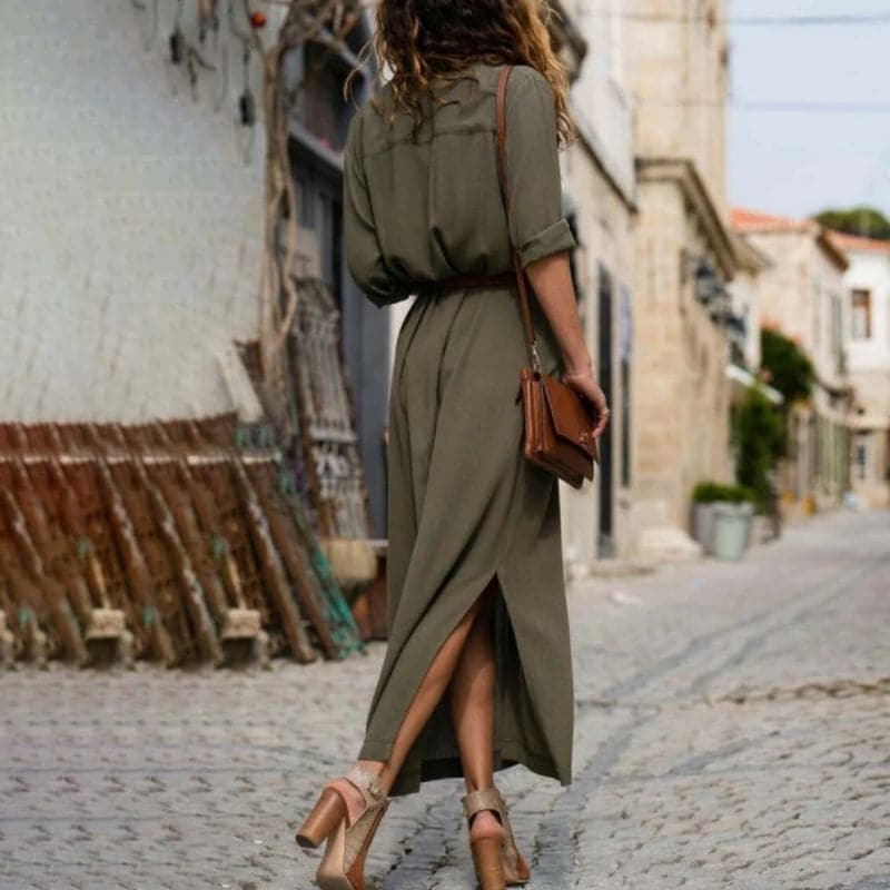 Vestito Camicia Midi Elegante – Fascino Rustico con Cintura in Vita