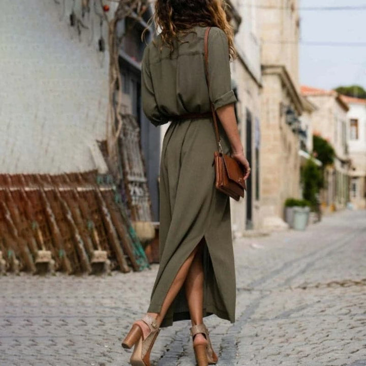 Vestito Camicia Midi Elegante – Fascino Rustico con Cintura in Vita