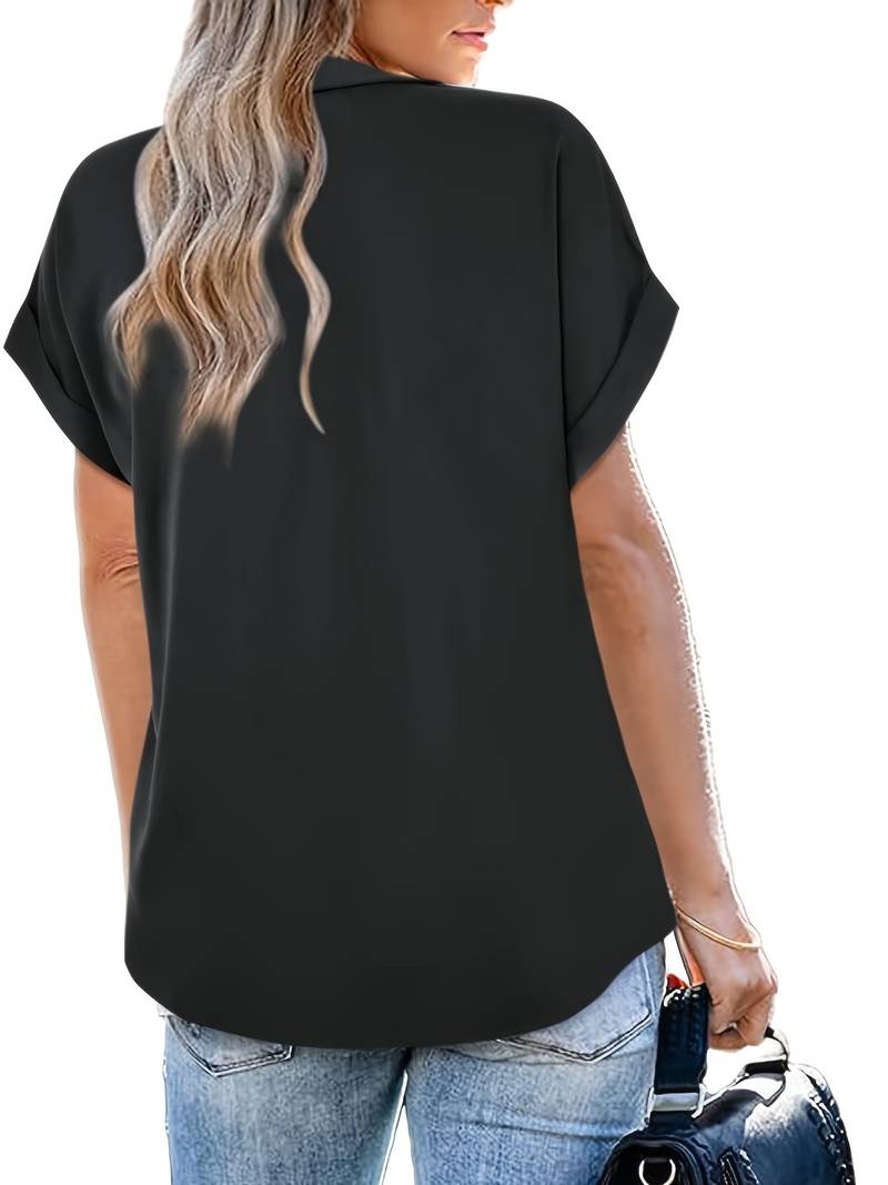 Camicia da donna taglio più ampio con scollo a V e colletto – Maglietta a maniche corte per ufficio e tempo libero