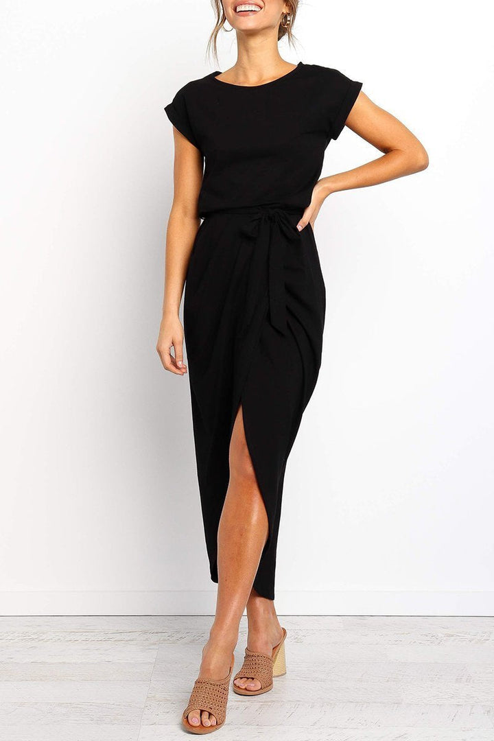 Abito midi da donna con cintura in vita e spacco sulla gamba – elegante e sagomato per ufficio ed eventi