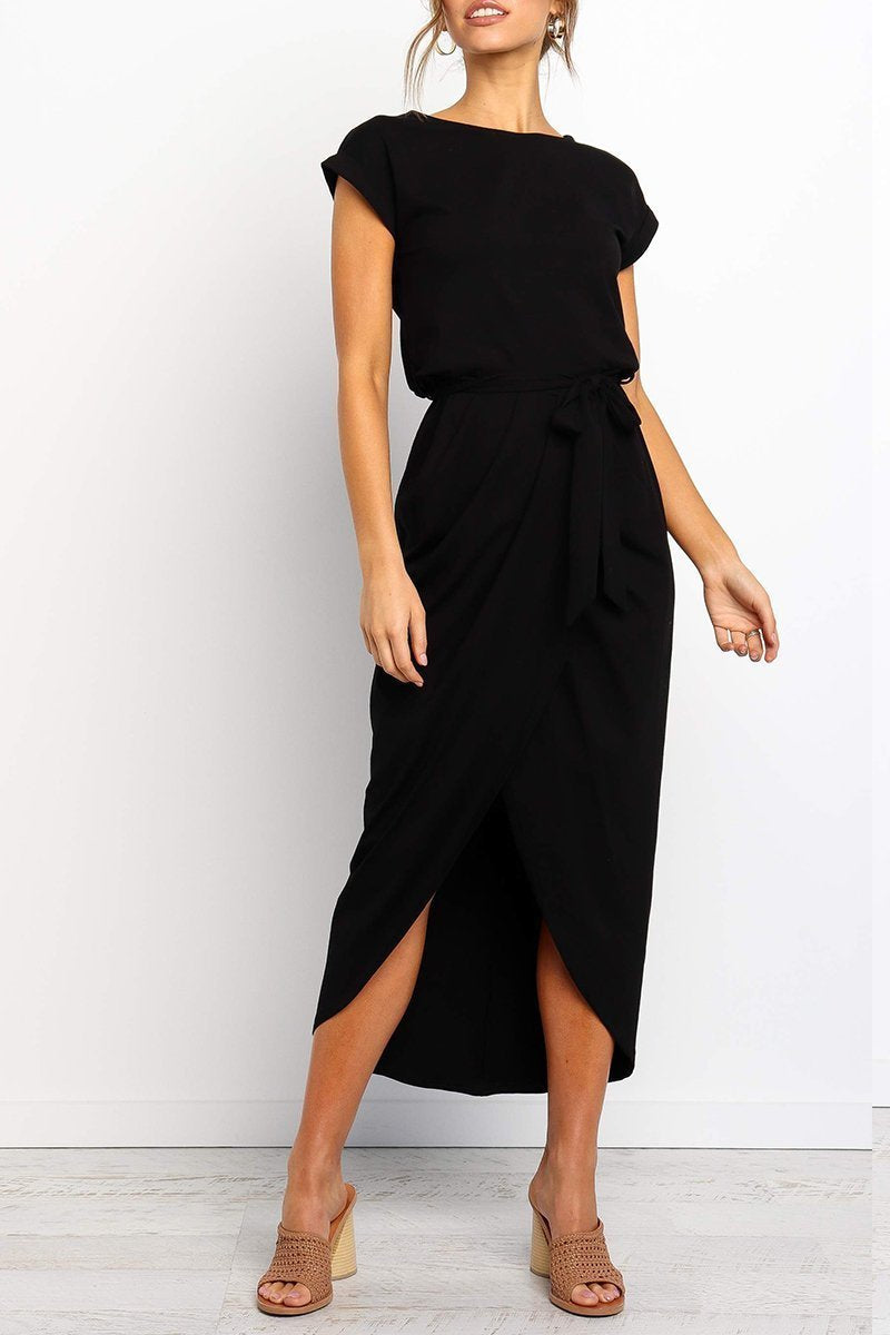 Abito midi da donna con cintura in vita e spacco sulla gamba – elegante e sagomato per ufficio ed eventi