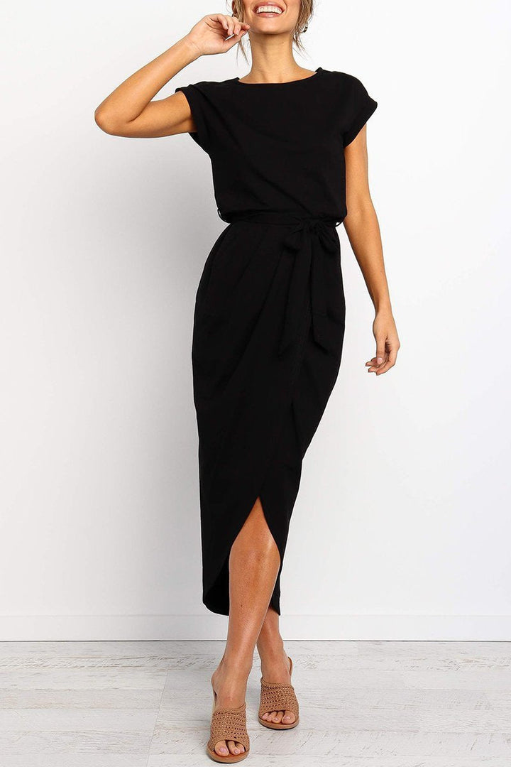 Abito midi da donna con cintura in vita e spacco sulla gamba – elegante e sagomato per ufficio ed eventi