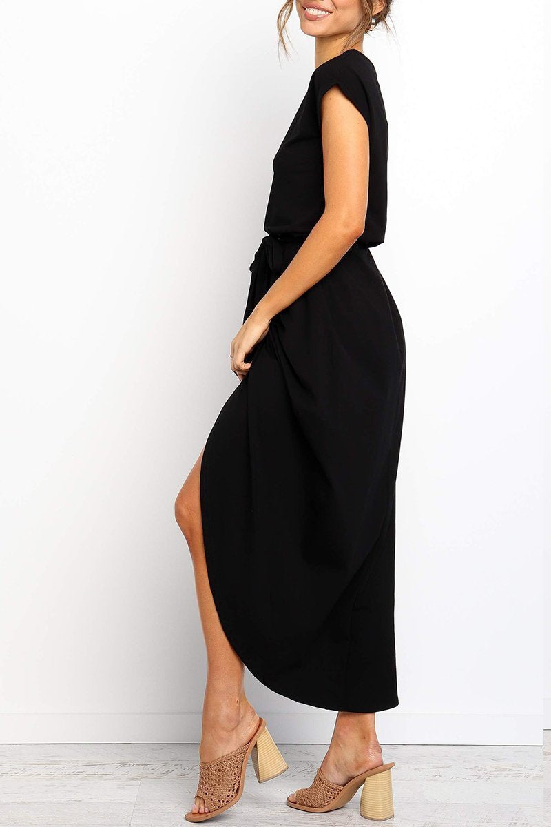 Abito midi da donna con cintura in vita e spacco sulla gamba – elegante e sagomato per ufficio ed eventi
