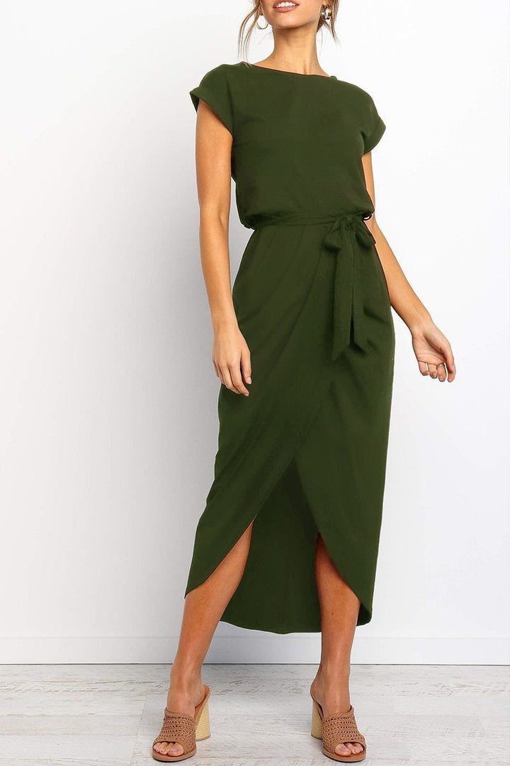 Abito midi da donna con cintura in vita e spacco sulla gamba – elegante e sagomato per ufficio ed eventi