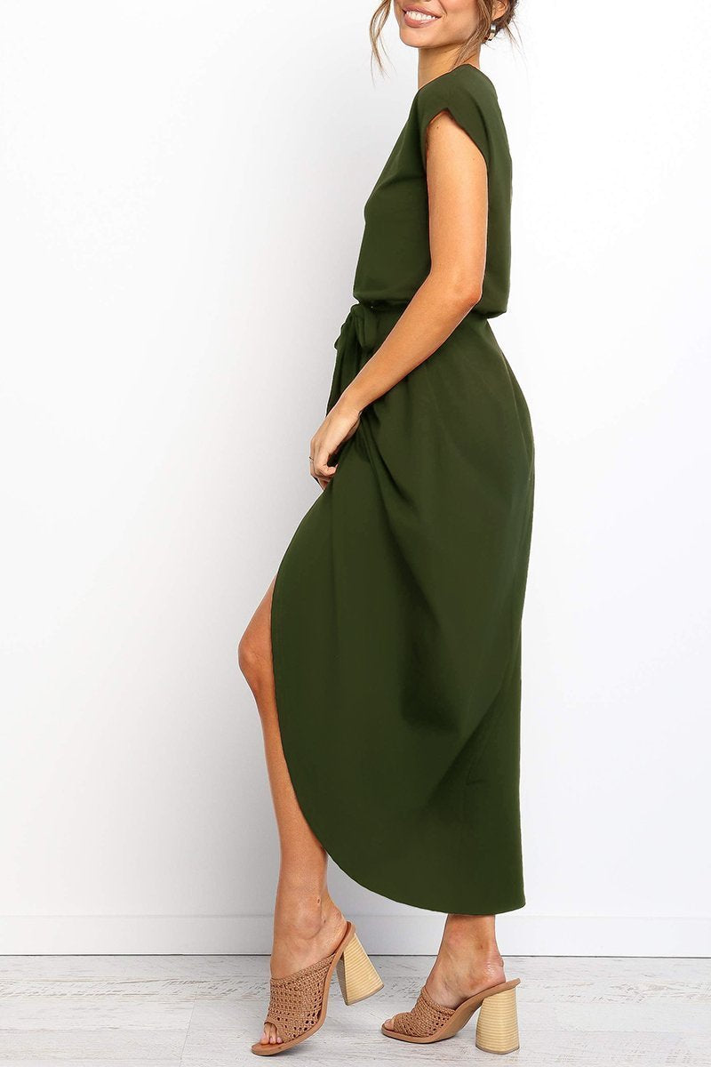 Abito midi da donna con cintura in vita e spacco sulla gamba – elegante e sagomato per ufficio ed eventi