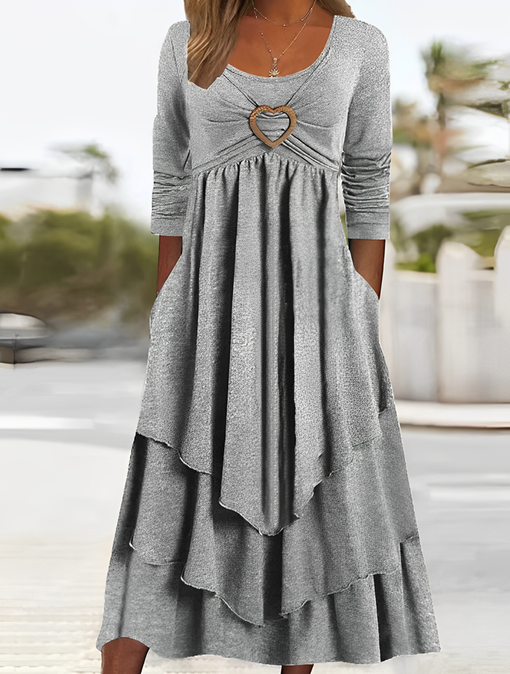 Robe midi cascade charbon – taille empire, manches longues, jupe à volants fluides