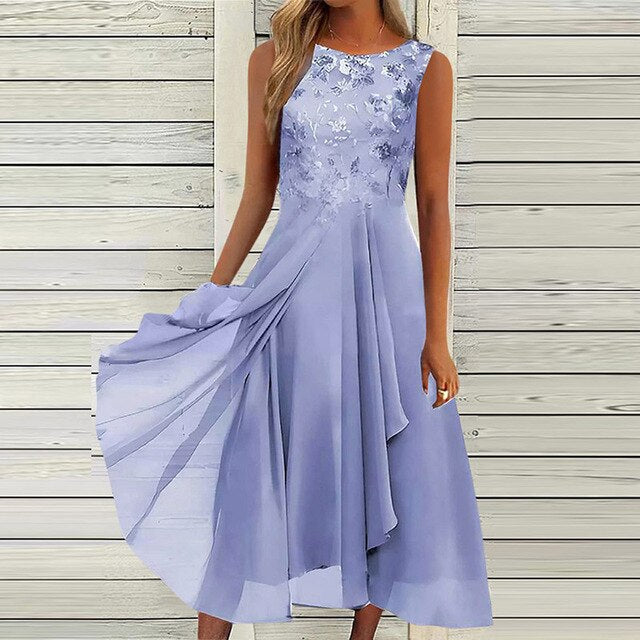 Elegante abito da sera midi per donna – senza maniche con dettagli floreali e gonna fluente