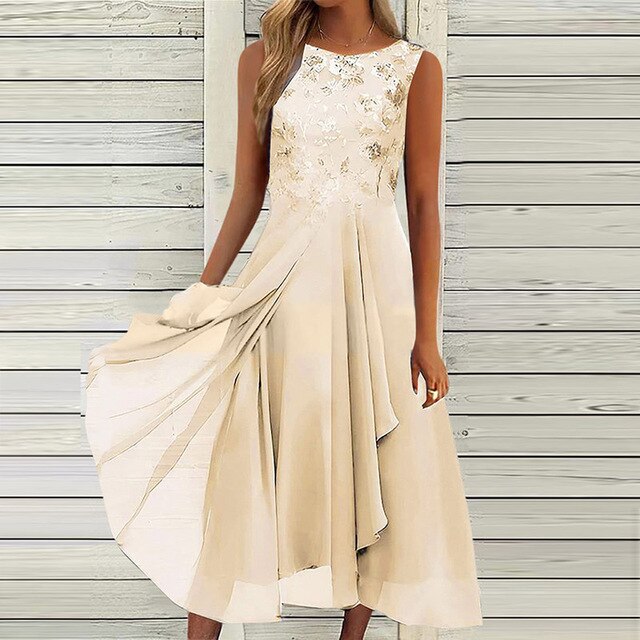 Elegante abito da sera midi per donna – senza maniche con dettagli floreali e gonna fluente