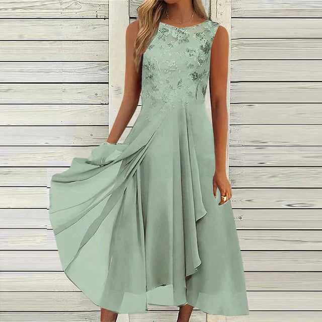 Elegante abito da sera midi per donna – senza maniche con dettagli floreali e gonna fluente