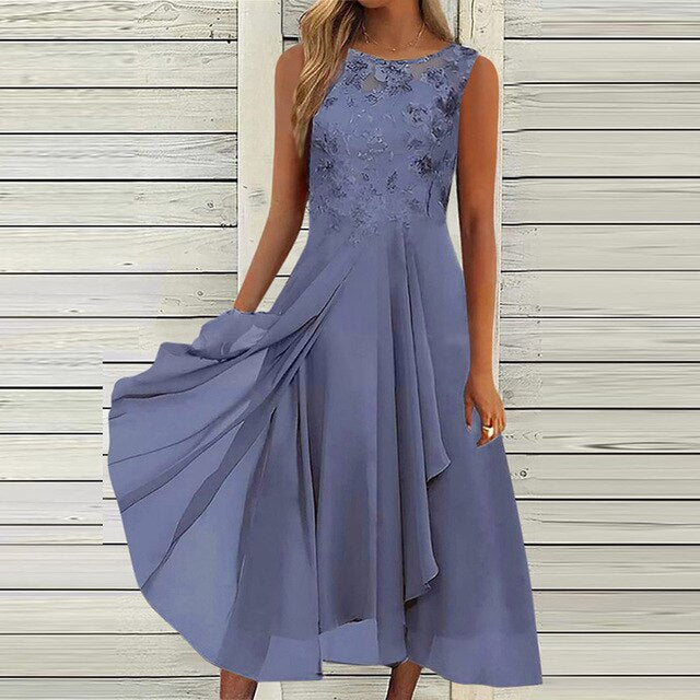 Elegante abito da sera midi per donna – senza maniche con dettagli floreali e gonna fluente