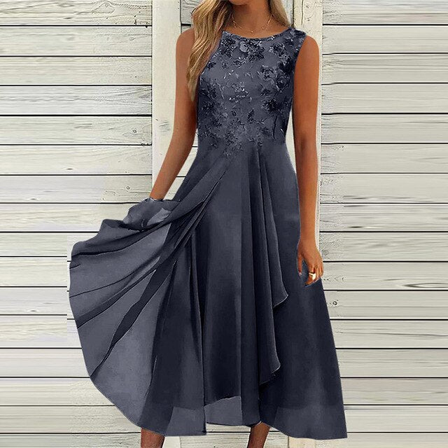 Elegante abito da sera midi per donna – senza maniche con dettagli floreali e gonna fluente
