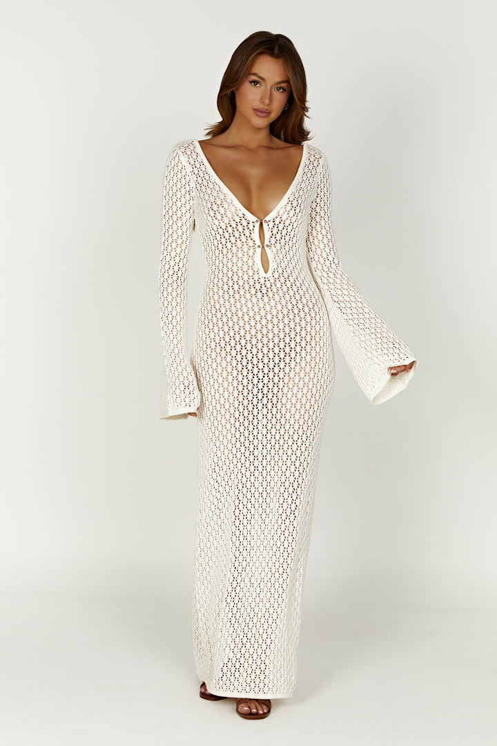 Damen Häkel-Strick Maxikleid – Langarm Strandkleid als Durchsichtiges Cover-Up