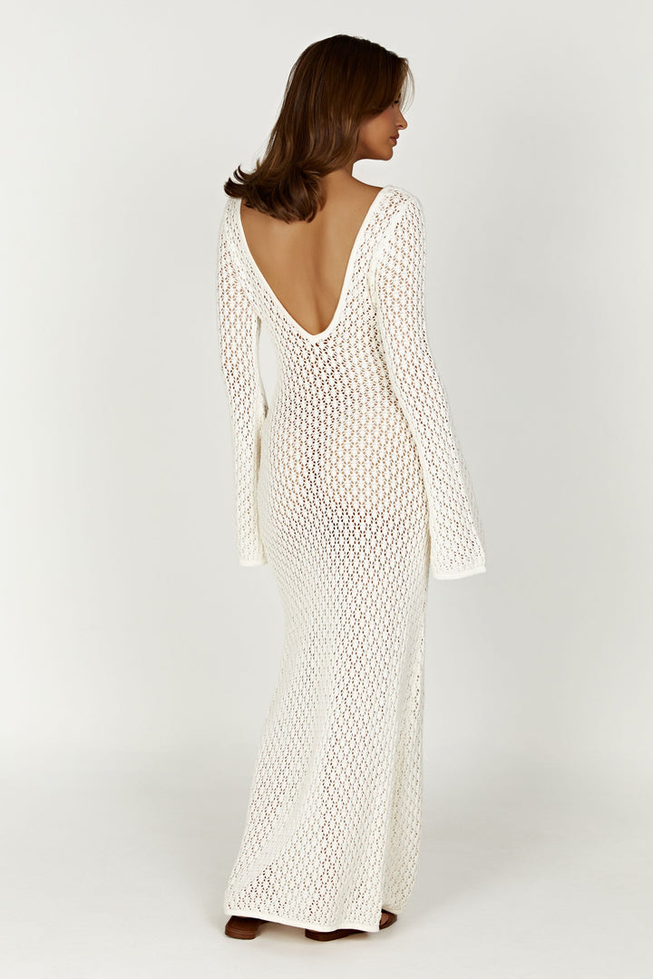 Damen Häkel-Strick Maxikleid – Langarm Strandkleid als Durchsichtiges Cover-Up