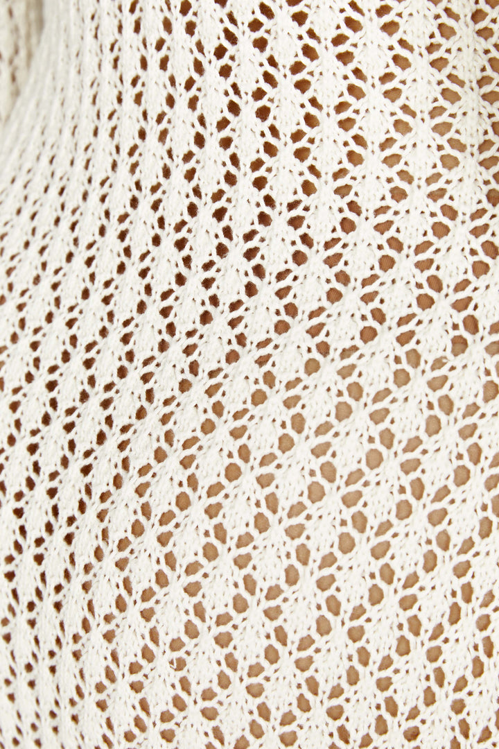 Damen Häkel-Strick Maxikleid – Langarm Strandkleid als Durchsichtiges Cover-Up