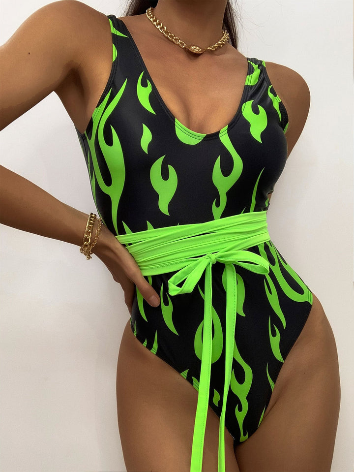 Women's one-piece swimsuit with exciting flame pattern and high leg cut