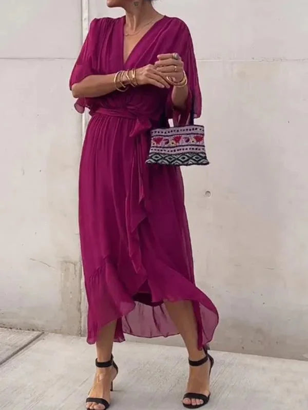 Abito lungo da donna con effetto incrociato – Abito estivo arioso con scollo a V e cintura da annodare – Elegante abito da spiaggia con maniche a pipistrello