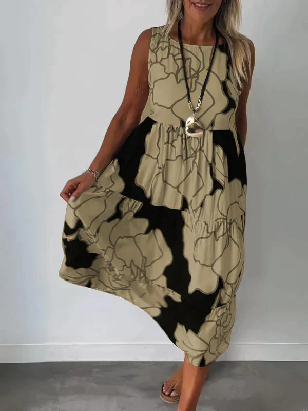 Ärmelloses Damen Midikleid mit Blumenmuster – Lockeres Sommerkleid im luftigen A-Linien-Schnitt