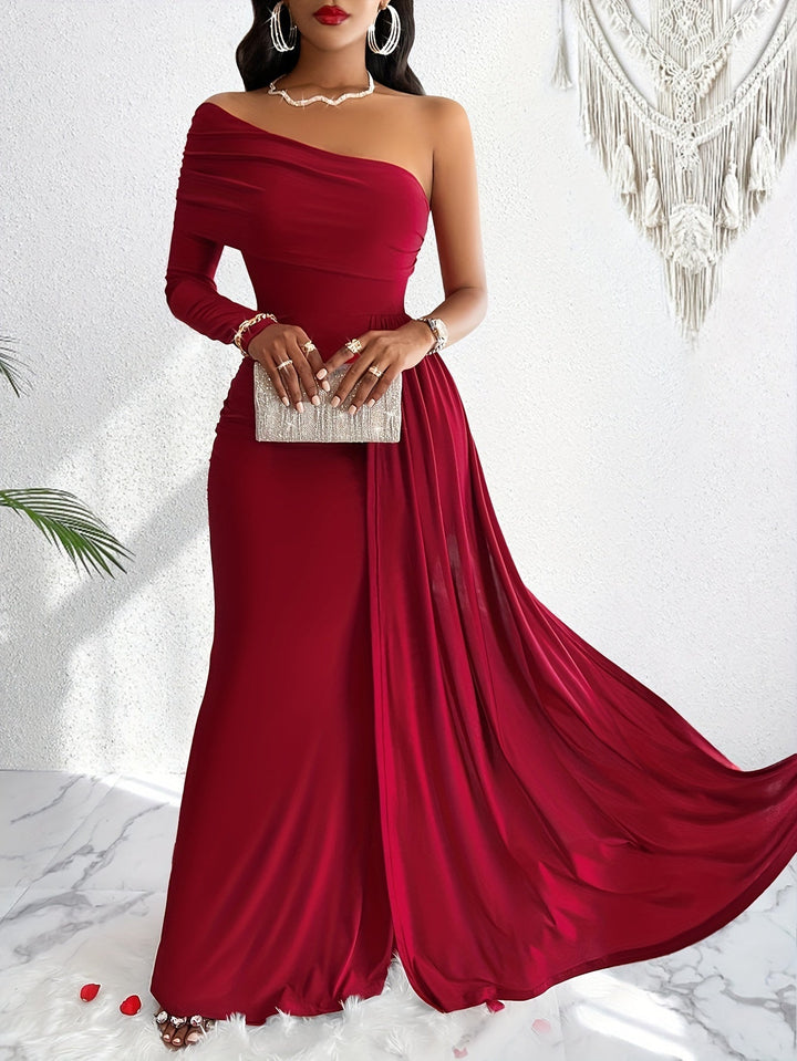 Elegante abito formale lungo da donna in cotone con spalla asimmetrica, fluido e arricciato | Per occasioni ufficiali