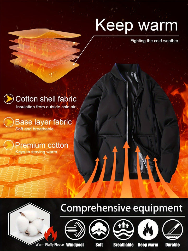 Veste d'hiver chaude à col baseball avec fermeture éclair, polaire unie avec poches pour hommes | Parfait pour les activités de plein air