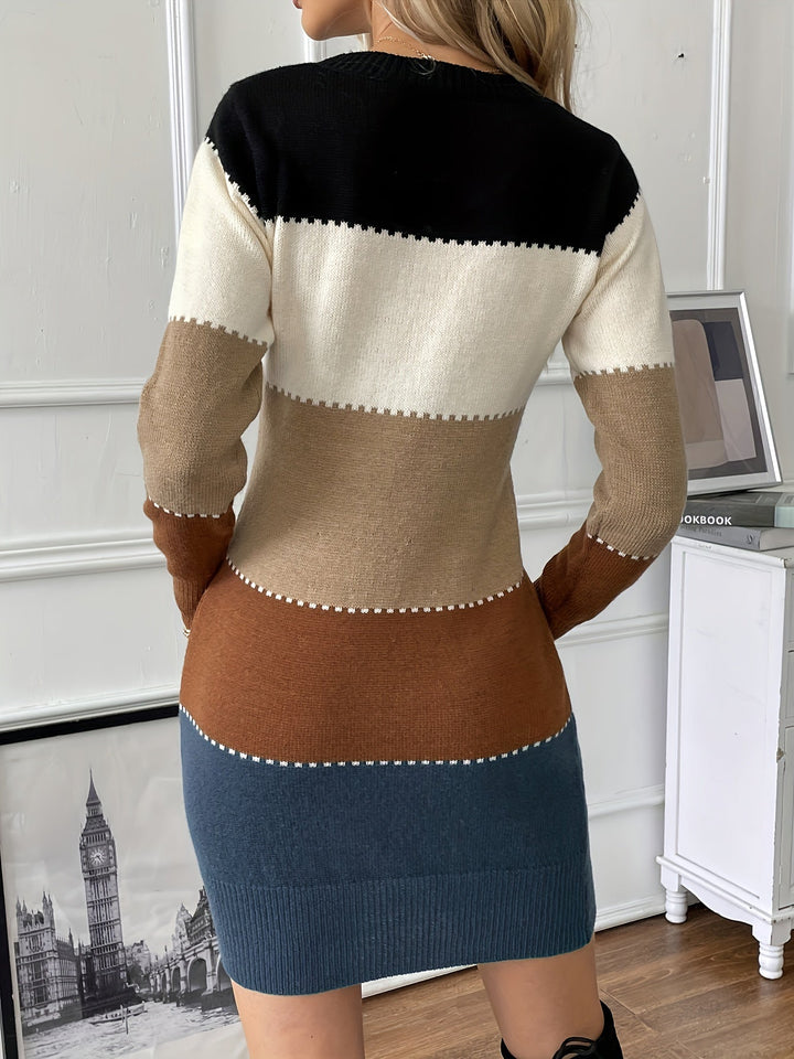 Robe formelle élégante en coton à manches longues avec bloc de couleur et col rond pour femmes | Idéal pour les occasions formelles