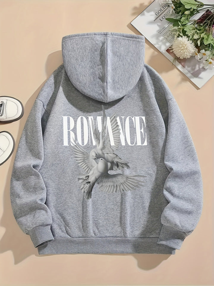 Sweat à capuche oversize femme avec imprimé « Romance » et motif pigeons – style streetwear