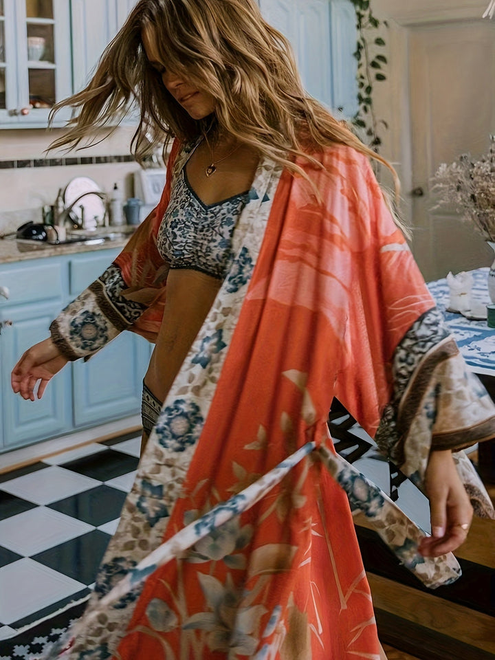 Kimono lungo con motivo floreale – Abito lungo boho con cintura e taglio ampio