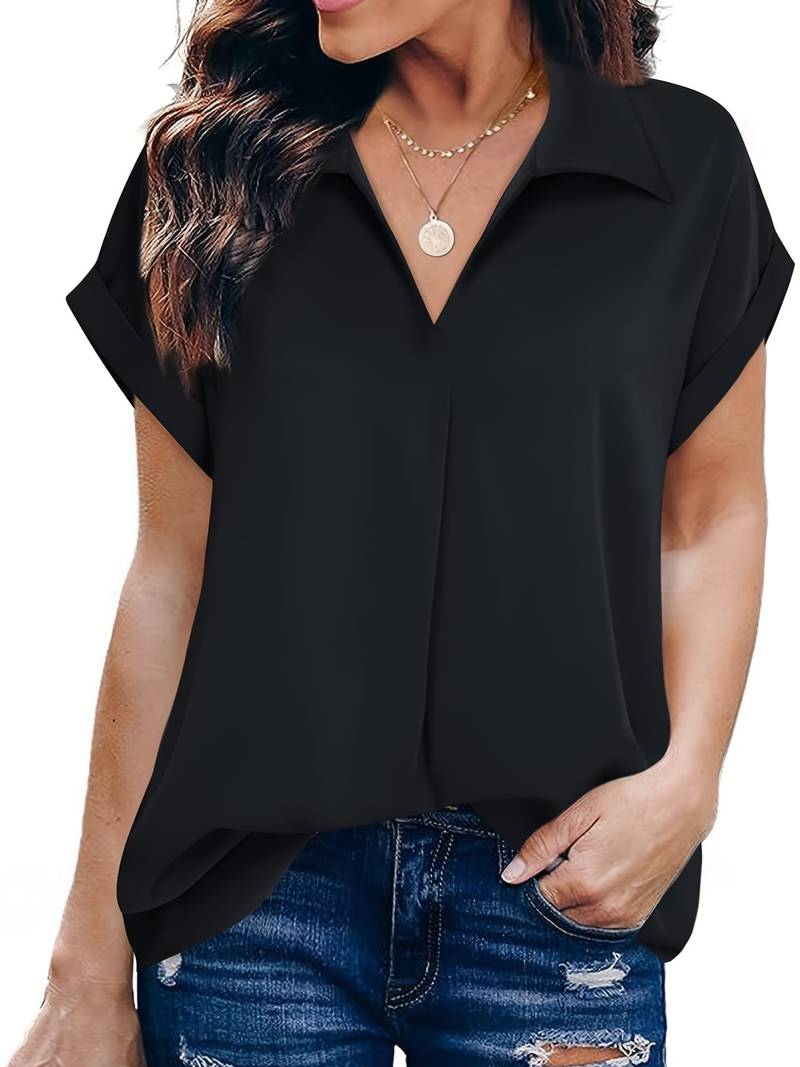 Camicia da donna taglio più ampio con scollo a V e colletto – Maglietta a maniche corte per ufficio e tempo libero