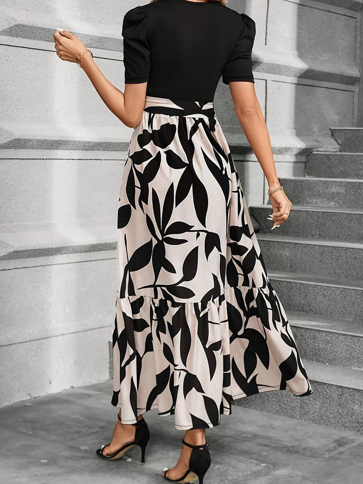 Abito lungo da donna con cintura in vita – Elegante abito casual con stampa foglie per tutti i giorni, ufficio e occasioni estive
