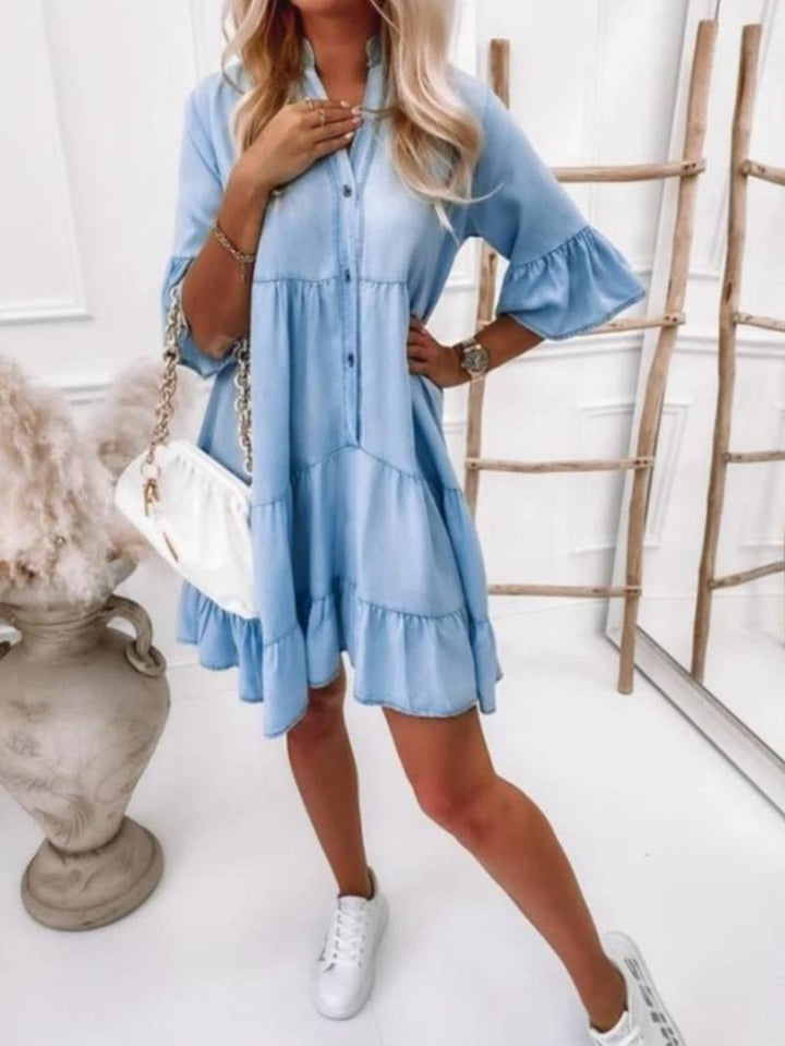 Lässiges Damen Hemdblusenkleid mit Knopfleiste – Lockeres Stufenkleid mit V-Ausschnitt und 3/4-Ärmeln – Sommerkleid für Alltag & Urlaub