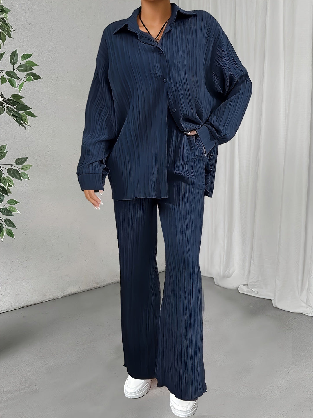 T-shirt à manches longues avec boutons & pantalons à taille élastique ensemble tenue pour femmes | Idéal pour automne/hiver