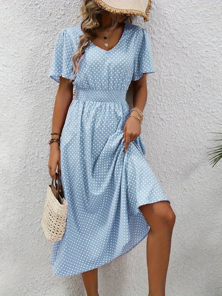 Abito midi da donna con pois e coulisse – Abito estivo arioso con scollo a V e maniche corte