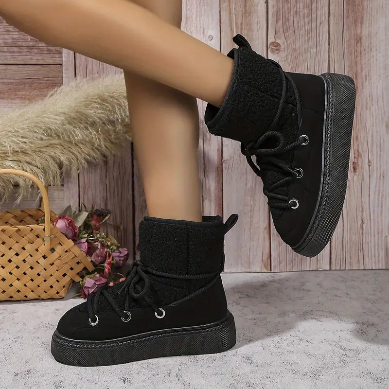 Bottes de neige mi-mollet, plateforme épaisse, semelle souple, lacets