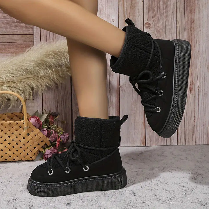 Bottes de neige mi-mollet, plateforme épaisse, semelle souple, lacets