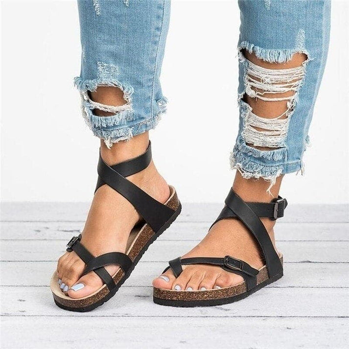Sandales pour femmes avec brides croisées et boucle réglable – Chaussures d'été confortables avec semelle en liège