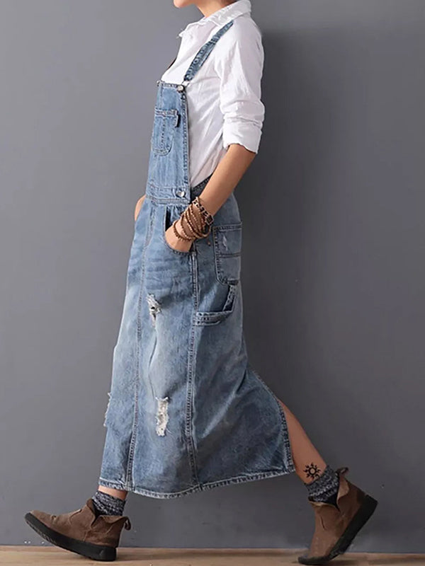 Combinaison en jean vintage pour femmes – Salopette décontractée avec bretelles réglables et aspect usé