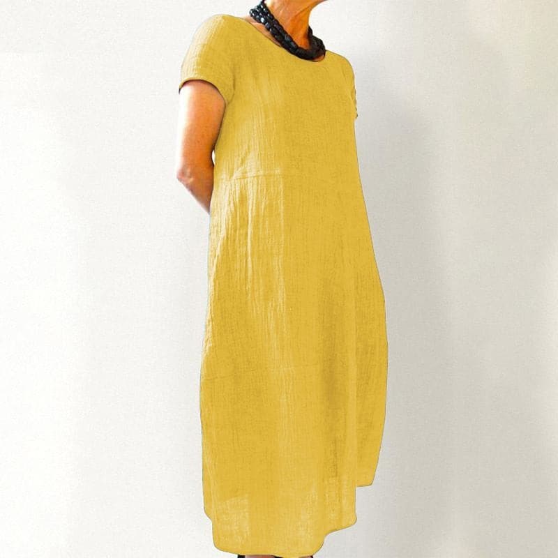 Robe Midi en Lin Enchanting – Col Rond, Manches Courtes Fluides, Silhouette A-Line