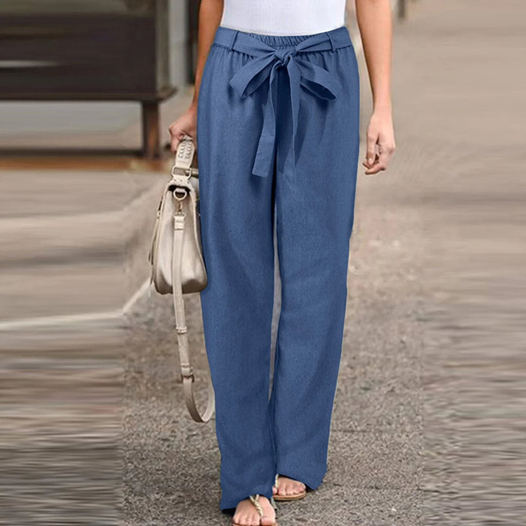 Pantalon en lin pour femmes avec nœud – Pantalon d'été ample à taille haute