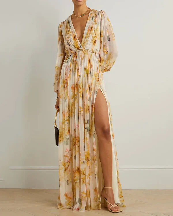 Abito lungo boho da donna con stampa floreale – elegante abito da sera con scollo a V, maniche lunghe e spacco sulla gamba per estate ed eventi